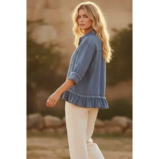 Mineral Washed Ruffle Hem Button Down Top-Shirts & Tops-Sewn and Seen-Stella Violet Boutique in Arvada, Colorado