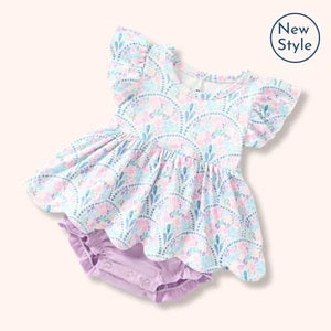 Scalloped Floral Flutter Sleeve Skirted Romper
