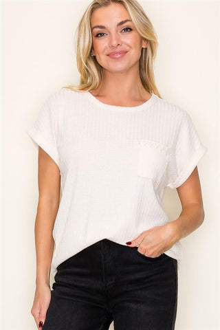 Lace Trimmed Pocket Pointelle Tee-Shirts & Tops-Staccato-Stella Violet Boutique in Arvada, Colorado