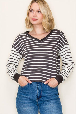 Weekend Stripe V-Neck Sweatshirt-Shirts & Tops-Staccato-Stella Violet Boutique in Arvada, Colorado