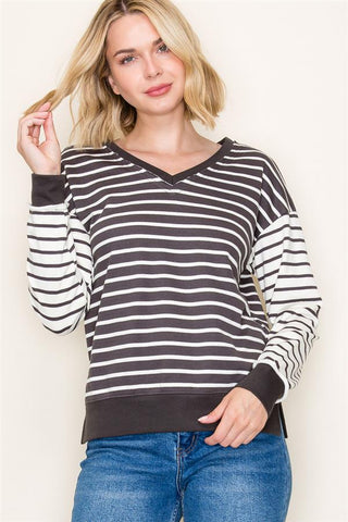 Weekend Stripe V-Neck Sweatshirt-Shirts & Tops-Staccato-Stella Violet Boutique in Arvada, Colorado