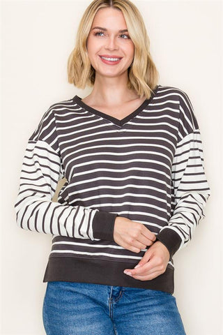 Weekend Stripe V-Neck Sweatshirt-Shirts & Tops-Staccato-Stella Violet Boutique in Arvada, Colorado