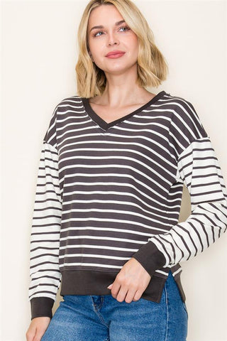 Weekend Stripe V-Neck Sweatshirt-Shirts & Tops-Staccato-Stella Violet Boutique in Arvada, Colorado