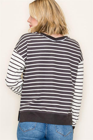 Weekend Stripe V-Neck Sweatshirt-Shirts & Tops-Staccato-Stella Violet Boutique in Arvada, Colorado