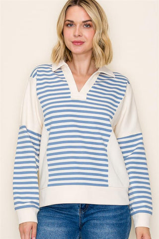 Varsity Stripe V-Neck Sweatshirt-Shirts & Tops-Staccato-Stella Violet Boutique in Arvada, Colorado