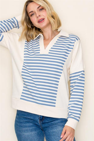 Varsity Stripe V-Neck Sweatshirt-Shirts & Tops-Staccato-Stella Violet Boutique in Arvada, Colorado
