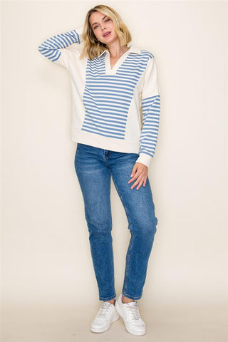 Varsity Stripe V-Neck Sweatshirt-Shirts & Tops-Staccato-Stella Violet Boutique in Arvada, Colorado