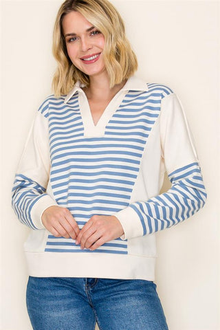 Varsity Stripe V-Neck Sweatshirt-Shirts & Tops-Staccato-Stella Violet Boutique in Arvada, Colorado