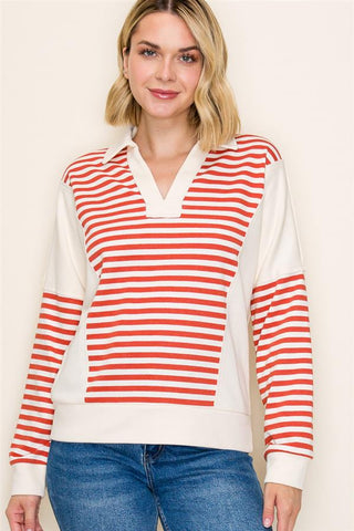 Varsity Stripe V-Neck Sweatshirt-Shirts & Tops-Staccato-Stella Violet Boutique in Arvada, Colorado