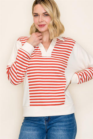 Varsity Stripe V-Neck Sweatshirt-Shirts & Tops-Staccato-Stella Violet Boutique in Arvada, Colorado