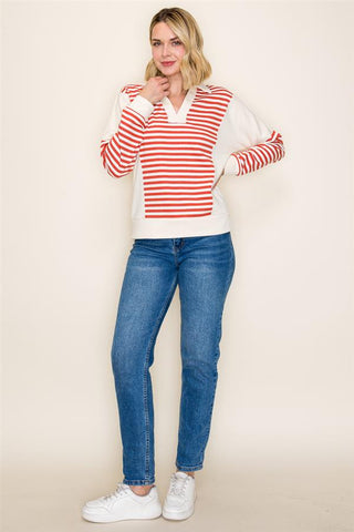Varsity Stripe V-Neck Sweatshirt-Shirts & Tops-Staccato-Stella Violet Boutique in Arvada, Colorado