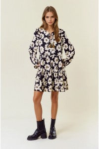 Wildflower Whimsy: Ruffled Floral Mini Dress in Dijon & Black-Dress-Doe & Rae-Stella Violet Boutique in Arvada, Colorado