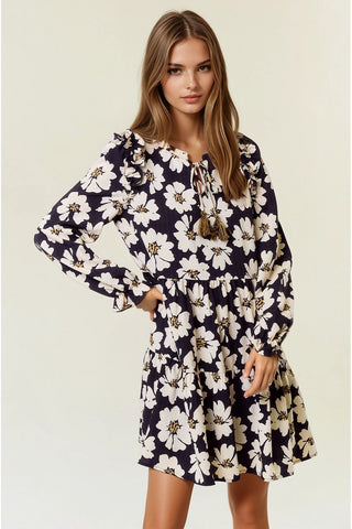 Wildflower Whimsy: Ruffled Floral Mini Dress in Dijon & Black-Dress-Doe & Rae-Stella Violet Boutique in Arvada, Colorado