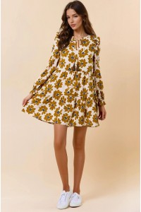 Wildflower Whimsy: Ruffled Floral Mini Dress in Dijon & Black-Dress-Doe & Rae-Stella Violet Boutique in Arvada, Colorado