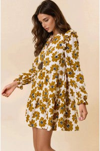 Wildflower Whimsy: Ruffled Floral Mini Dress in Dijon & Black-Dress-Doe & Rae-Stella Violet Boutique in Arvada, Colorado