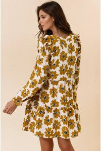 Wildflower Whimsy: Ruffled Floral Mini Dress in Dijon & Black-Dress-Doe & Rae-Stella Violet Boutique in Arvada, Colorado