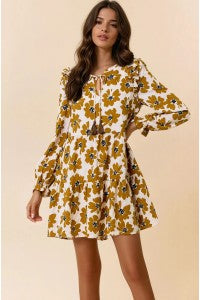 Wildflower Whimsy: Ruffled Floral Mini Dress in Dijon & Black-Dress-Doe & Rae-Stella Violet Boutique in Arvada, Colorado