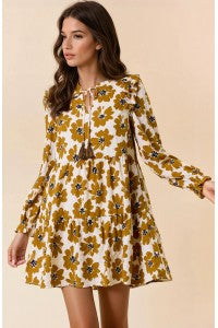 Wildflower Whimsy: Ruffled Floral Mini Dress in Dijon & Black-Dress-Doe & Rae-Stella Violet Boutique in Arvada, Colorado