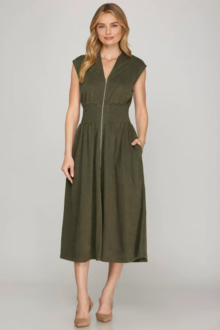 Zip Into Chic: Smocked Suede Front-Zip Midi Dress with Pockets ✨-Apparel & Accessories-She + Sky-Stella Violet Boutique in Arvada, Colorado