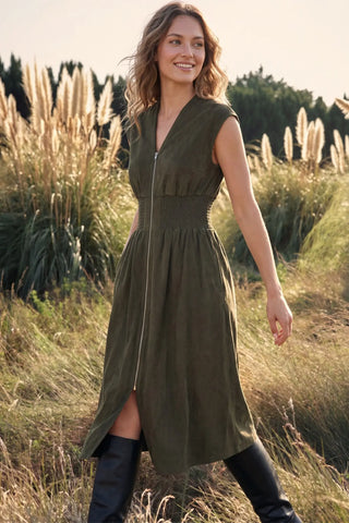 Zip Into Chic: Smocked Suede Front-Zip Midi Dress with Pockets ✨-Apparel & Accessories-She + Sky-Stella Violet Boutique in Arvada, Colorado