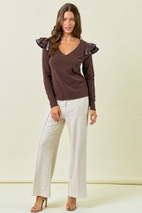 V-Neck Ruffle Long Sleeve Top-Top-Doe & Rae-Stella Violet Boutique in Arvada, Colorado