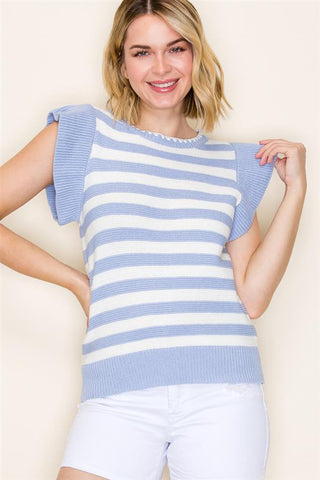 Chambray Stripe Flutter Sweater Top-Blouses-Staccato-Stella Violet Boutique in Arvada, Colorado