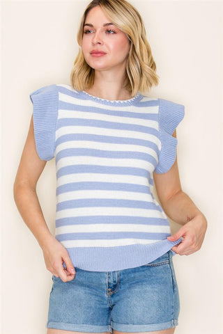 Chambray Stripe Flutter Sweater Top-Blouses-Staccato-Stella Violet Boutique in Arvada, Colorado