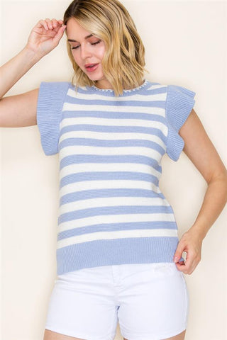 Chambray Stripe Flutter Sweater Top-Blouses-Staccato-Stella Violet Boutique in Arvada, Colorado