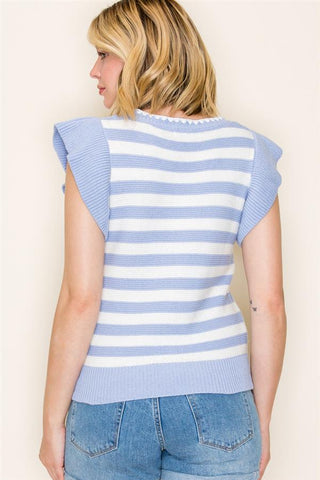Chambray Stripe Flutter Sweater Top-Blouses-Staccato-Stella Violet Boutique in Arvada, Colorado