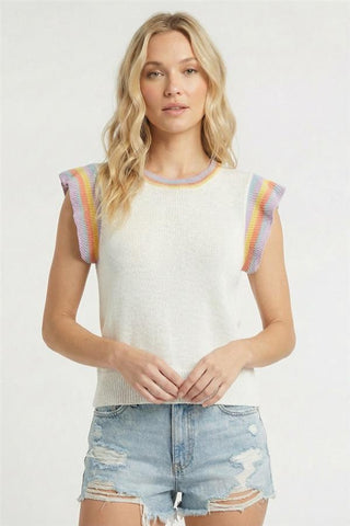 Rainbow Trim Cap Sleeve Sweater Top-Top-Staccato-Stella Violet Boutique in Arvada, Colorado