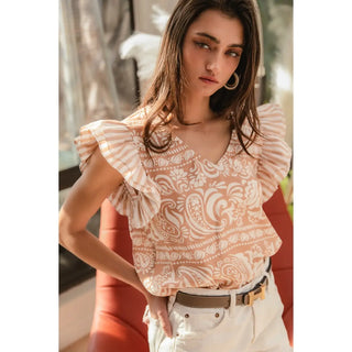 Paisley Ruffle Sleeve Blouse-Shirts & Tops-Bibi-Stella Violet Boutique in Arvada, Colorado