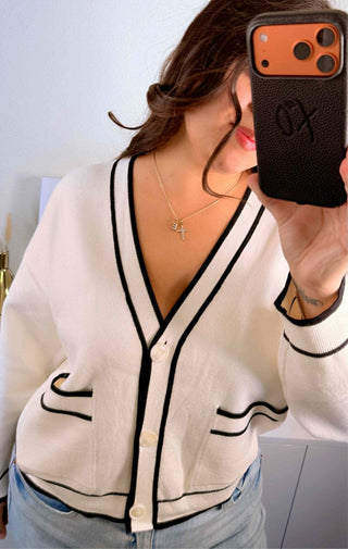 Contrast Trim Button Front Cardigan-Shirts & Tops-White Birch-Stella Violet Boutique in Arvada, Colorado