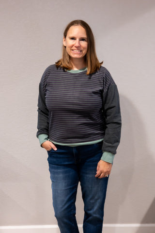 Sage & Charcoal Micro-Brushed Striped Crewneck Sweatshirt-Apparel & Accessories-Staccato-Stella Violet Boutique in Arvada, Colorado