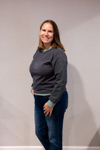 Sage & Charcoal Micro-Brushed Striped Crewneck Sweatshirt-Apparel & Accessories-Staccato-Stella Violet Boutique in Arvada, Colorado