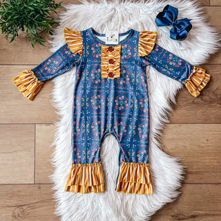 Mustard Ruffle Floral Romper-Baby One-Pieces-Wellington Design Co - TwoCan-Stella Violet Boutique in Arvada, Colorado