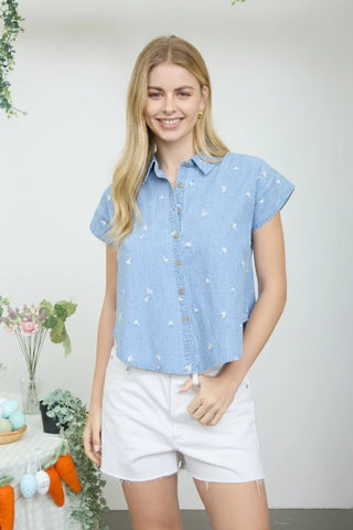 Sweet Meadow Chambray Button-Up-Shirts & Tops-Blu Pepper-Stella Violet Boutique in Arvada, Colorado