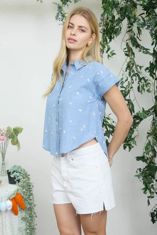 Sweet Meadow Chambray Button-Up-Shirts & Tops-Blu Pepper-Stella Violet Boutique in Arvada, Colorado