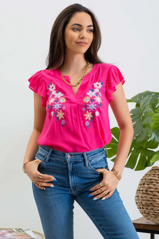 Embroidered Split Neck Blouse-Shirts & Tops-Blu Pepper-Stella Violet Boutique in Arvada, Colorado