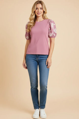 Embroidered Contrast Sleeve Knit Top-Apparel & Accessories-Hayden LA-Stella Violet Boutique in Arvada, Colorado