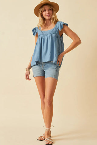 Womens Tencel Square Neck Ruffle Cap Sleeve Top-Apparel & Accessories-Hayden LA-Stella Violet Boutique in Arvada, Colorado