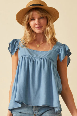 Womens Tencel Square Neck Ruffle Cap Sleeve Top-Apparel & Accessories-Hayden LA-Stella Violet Boutique in Arvada, Colorado