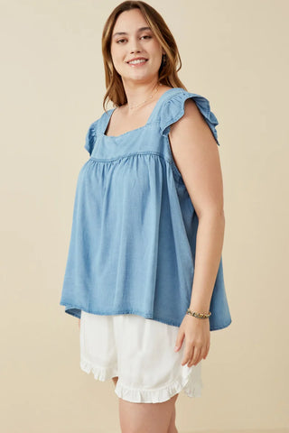 Womens Tencel Square Neck Ruffle Cap Sleeve Top-Apparel & Accessories-Hayden LA-Stella Violet Boutique in Arvada, Colorado
