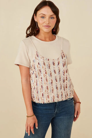 Womens' Sequin Paneled Twofer T-Shirt-Shirts & Tops-Hayden LA-Stella Violet Boutique in Arvada, Colorado