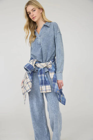 Indigo Mineral Wash Pullover-Shirts & Tops-Blu Pepper-Stella Violet Boutique in Arvada, Colorado