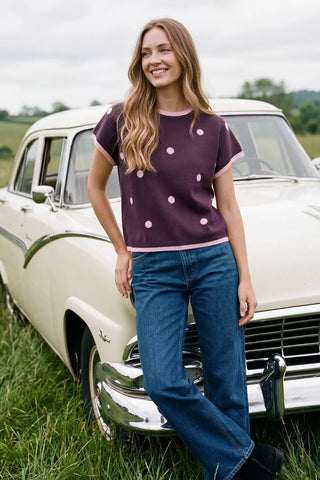 Drop Shoulder Contrast Edge Polka Dot Sweater Top-Top-She + Sky-Stella Violet Boutique in Arvada, Colorado