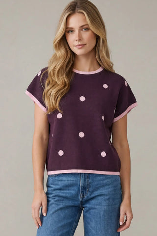 Drop Shoulder Contrast Edge Polka Dot Sweater Top-Top-She + Sky-Stella Violet Boutique in Arvada, Colorado