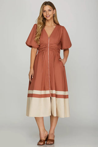 Bubble Sleeve Front Zip Color Block Midi Dress-Dress-She + Sky-Stella Violet Boutique in Arvada, Colorado