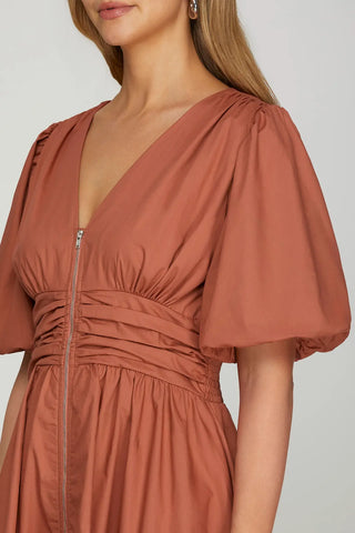 Bubble Sleeve Front Zip Color Block Midi Dress-Dress-She + Sky-Stella Violet Boutique in Arvada, Colorado