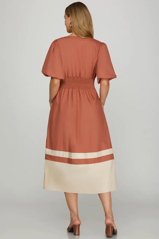 Bubble Sleeve Front Zip Color Block Midi Dress-Dress-She + Sky-Stella Violet Boutique in Arvada, Colorado