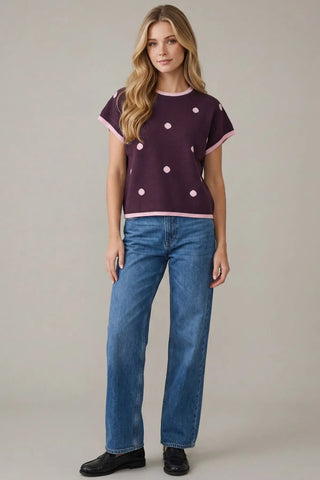 Drop Shoulder Contrast Edge Polka Dot Sweater Top-Top-She + Sky-Stella Violet Boutique in Arvada, Colorado